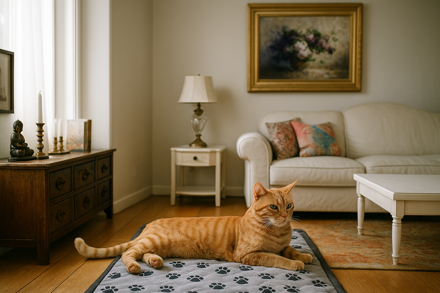 Orange cat lying on a rug in a living room with a couch and decor.
