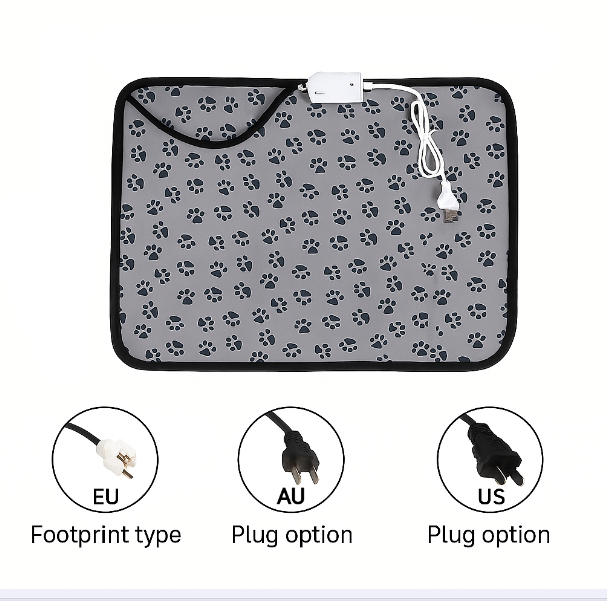 Pet heating pad with paw pattern and measurement details on a white background