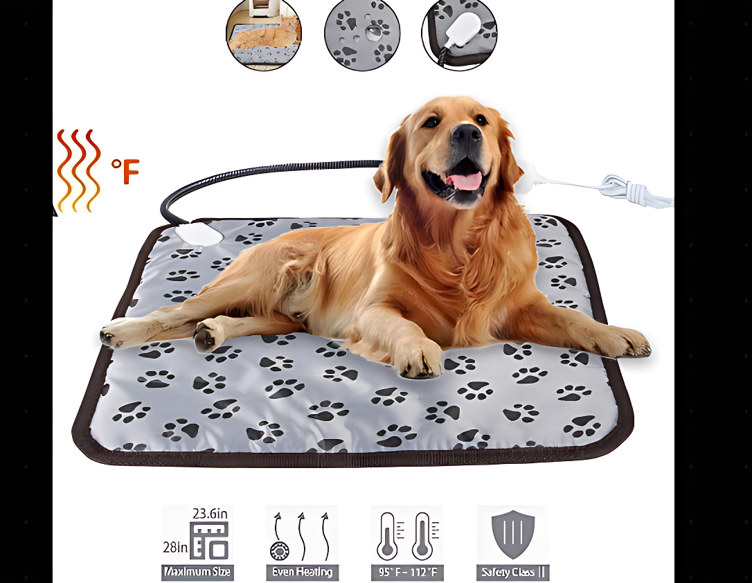 Dog lying on a heating pad with paw prints, surrounded by icons and text indicating features.