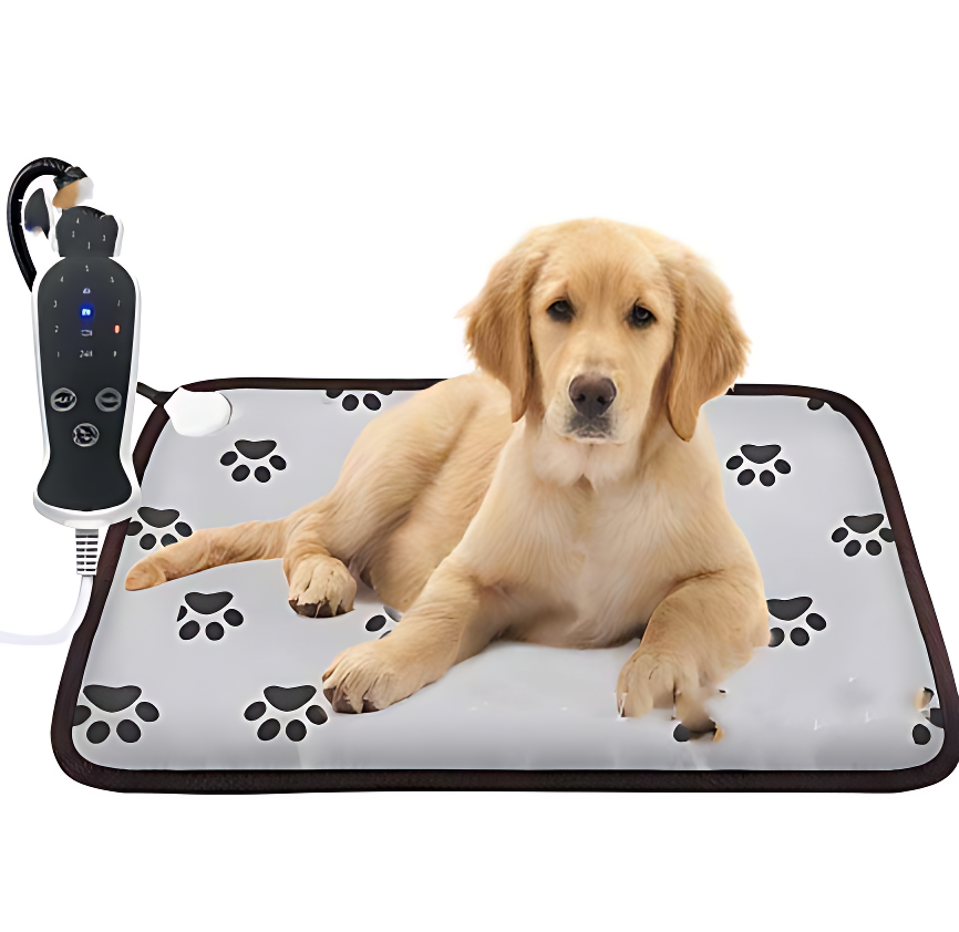 Dog lying on a heating pad with a remote control next to it