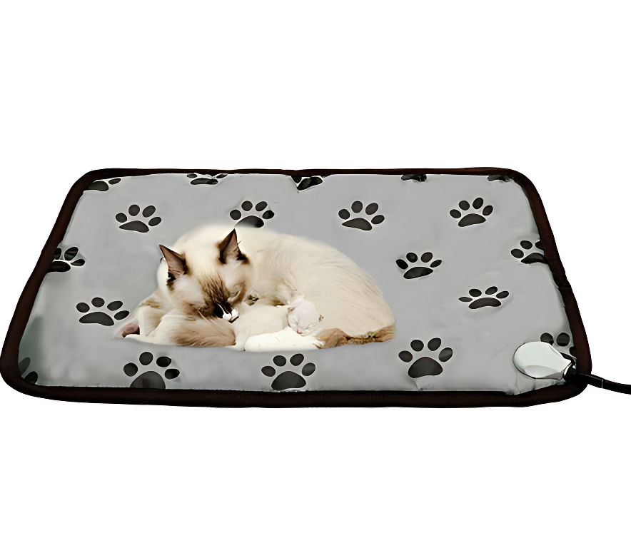 Heated pet pad with paw print pattern featuring a cat and kitten on a white background