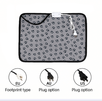 Pet heating pad with paw pattern and measurement details on a white background
