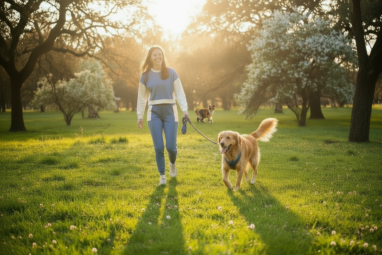 Make a banner for a pet e-ccommerce website include a girl walking a dog in a park